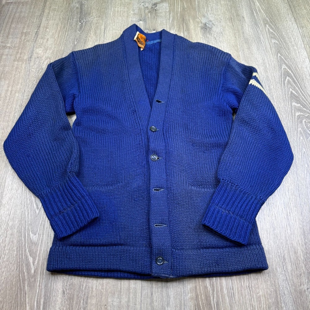 Vintage 60s Princeton Award Mens Blue Wool Knit V-Neck Cardigan Sweater Size M